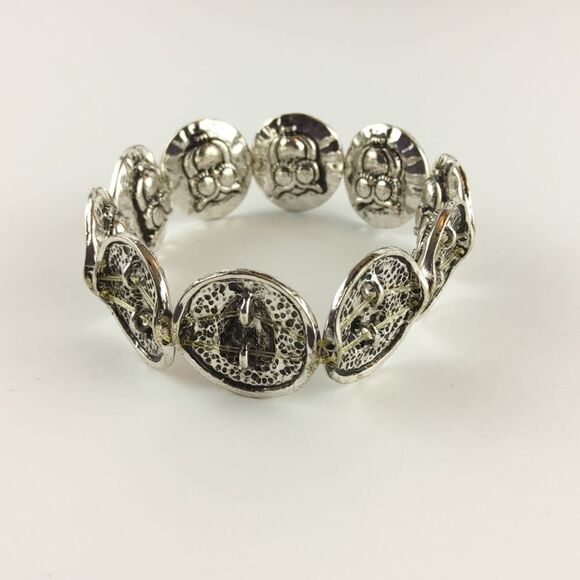 (3/$20) Silvertone elastic antiqued owl bracelet - Picture 5 of 7